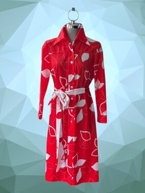Vintage Red Shirt Midi Dress with White Abstract Leaf Print Belted Disco Graphic